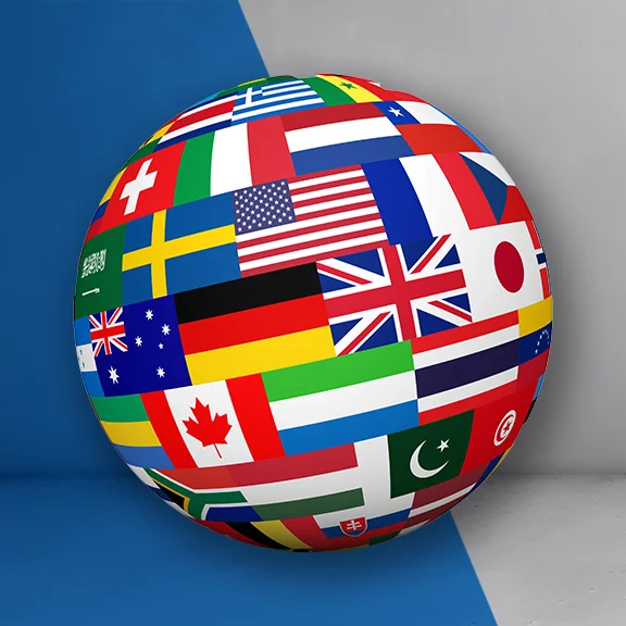 graphic of a globe made up of different flags on a blue & grey background