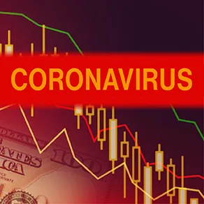 Graphic of stocks going down with the word Coronavirus over it in yellow in a red box