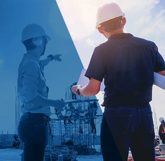 Two men looking at building plans at construction site photo