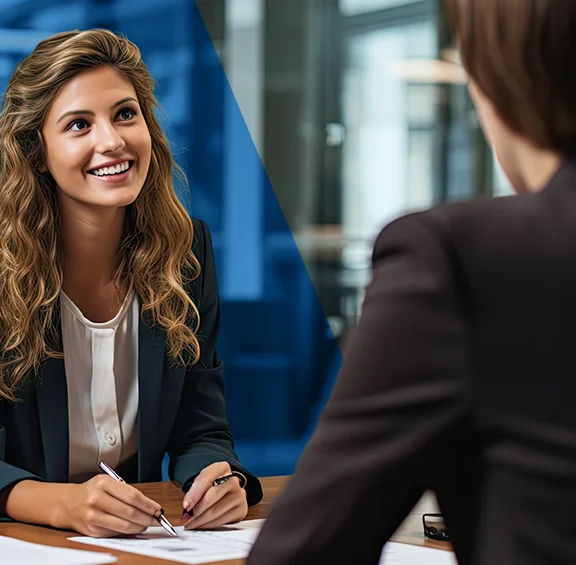 photo of women talking at desk during an interview